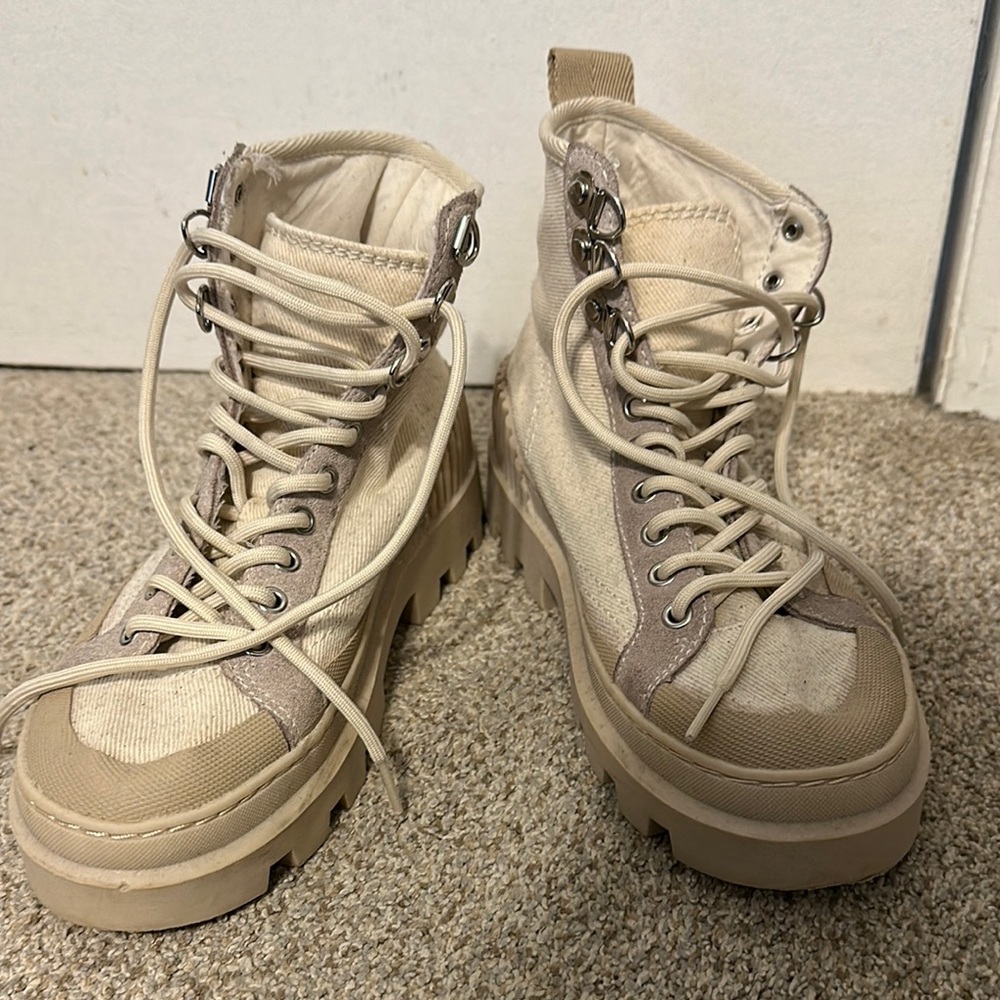 Zara Cream and Tan Combat Boots with Chunky Soles